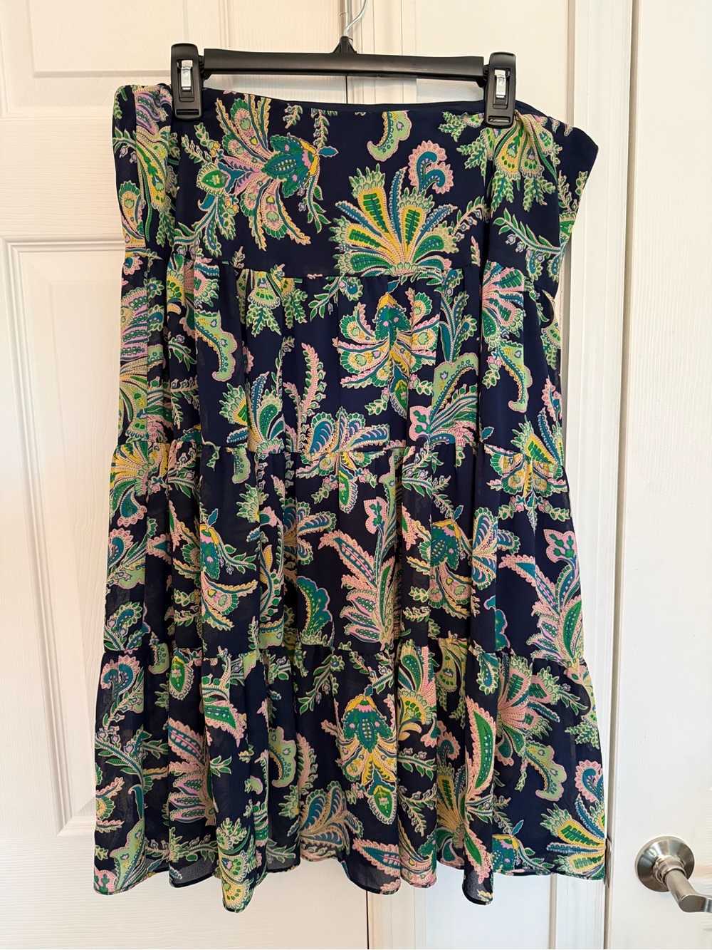 Chaps Navy Paisley Tiered Midi Skirt with Pink & Green Accents